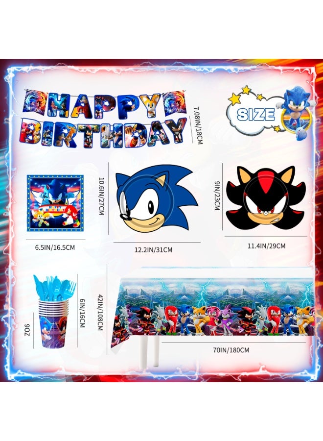 سونيك زينة حفلة عيد ميلاد سونيك لـ 16 ضيفًا، طقم أدوات مائدة على شكل سونيك مكون من 128 قطعة مع لافتة، أطباق، مناديل، أكواب، أدوات مائدة ومفرش طاولة – لوازم حفلات سونيك للأطفال - Image 2